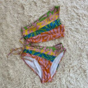 Solid & Striped One-Shoulder Bikini one piece the Randall Tropical Print SZ L